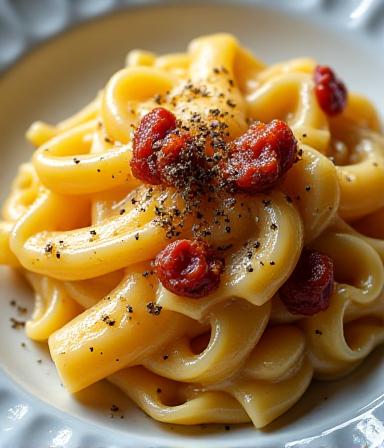 Primo piano cremoso di Rigatoni alla Carbonara con pepe nero e guanciale
