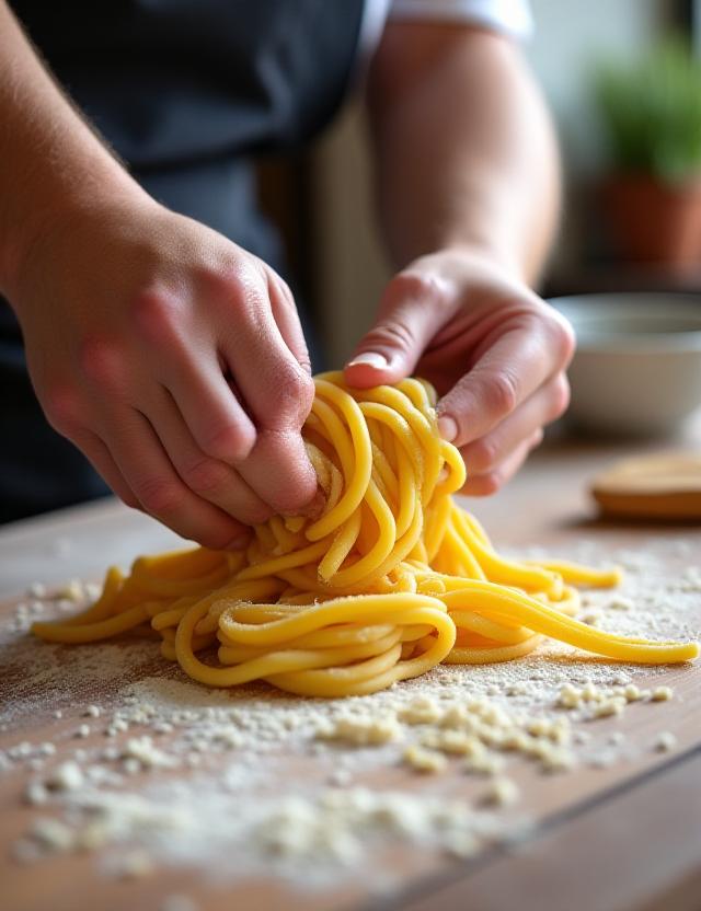 Mani esperte che preparano tonnarelli freschi a mano